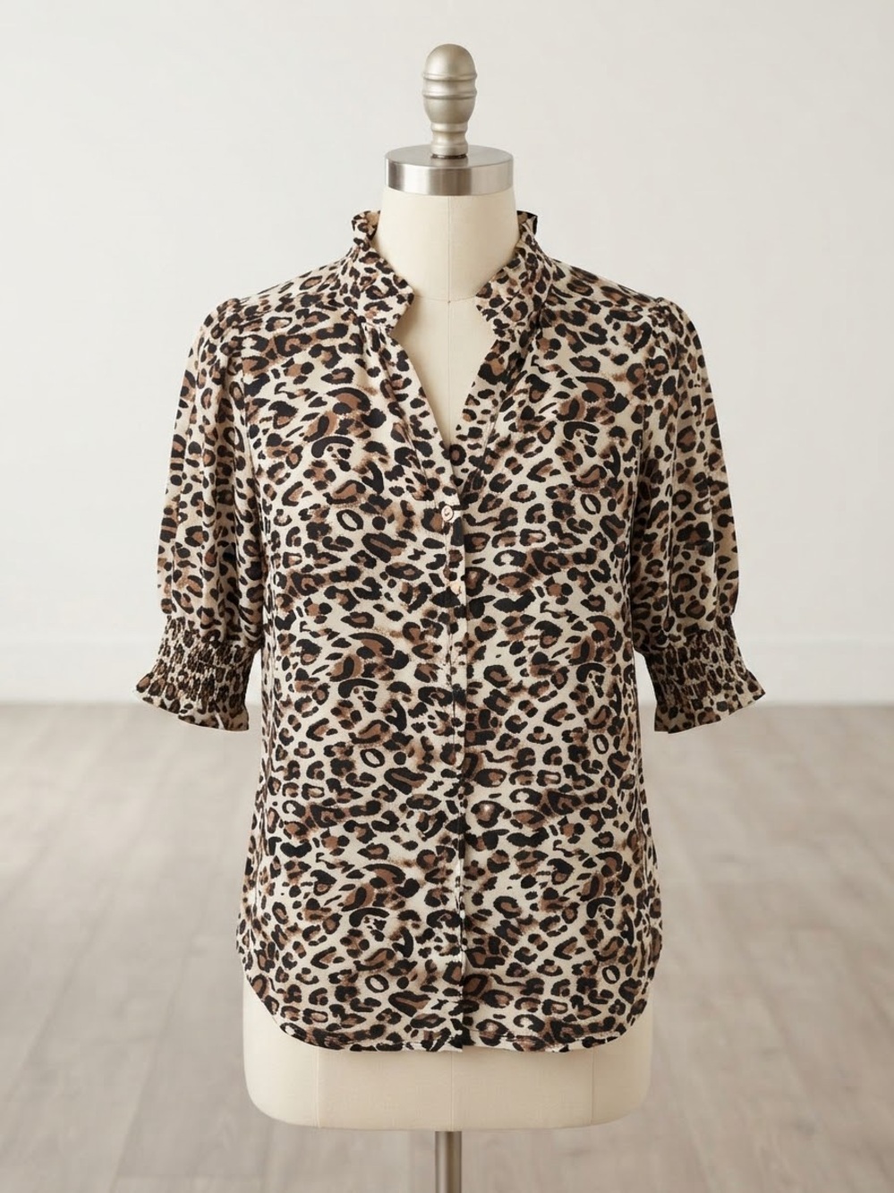 Pleione Leopard-Print Button Front Blouse in Beige and Brown